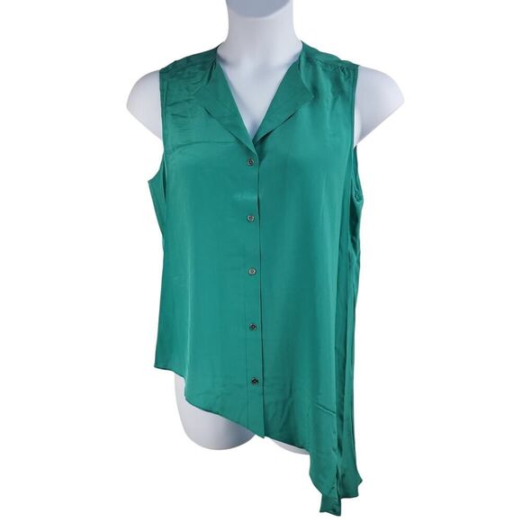 NEW Jay Godfrey Size 8 Silk Teal Green Blouse Button-Down Asymmetrical Hemline - Picture 4 of 15